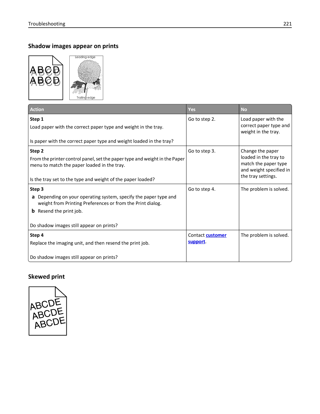 Lexmark 35S3389, 35S5700, 270, MX310DN manual Shadow images appear on prints, Skewed print, Troubleshooting 221 