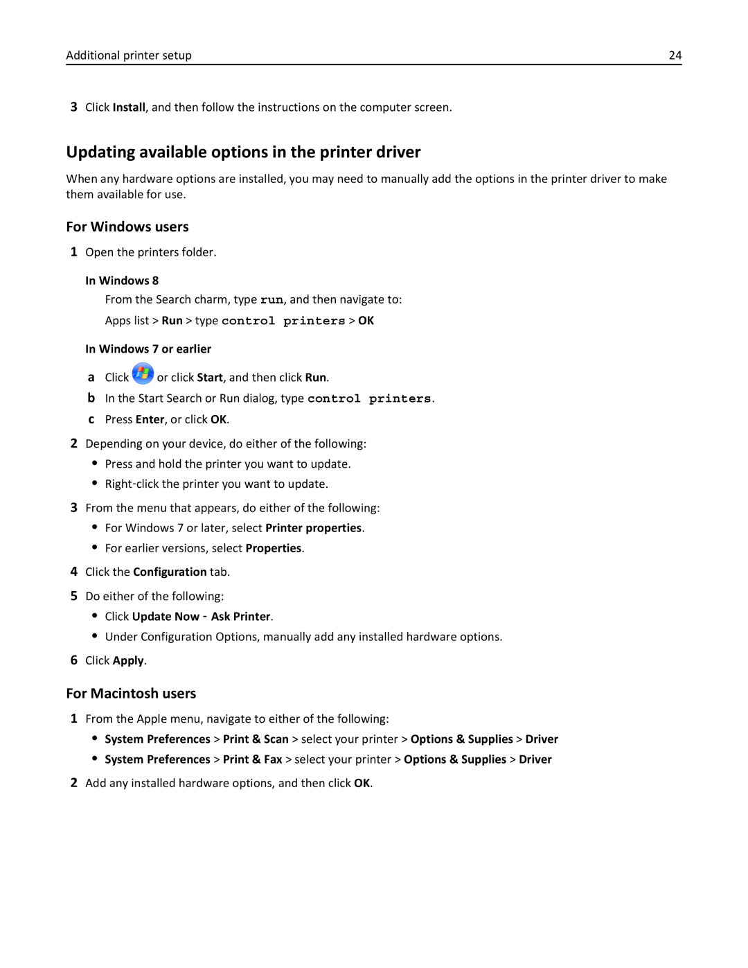 Lexmark 35S5700, 35S3389, 270 manual Updating available options in the printer driver, For Windows users, For Macintosh users 