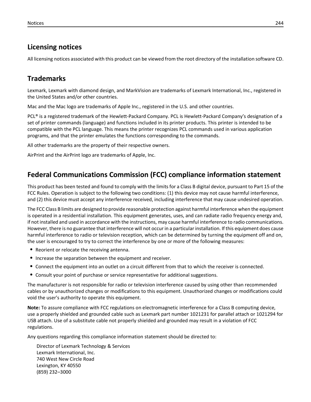 Lexmark 35S5700, 35S3389, 270, MX310DN manual Licensing notices, Trademarks, 244 