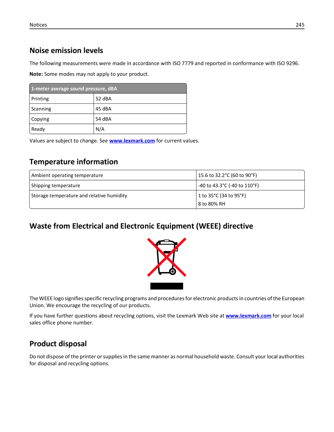 Lexmark 35S3389 Noise emission levels, Temperature information, Product disposal, 245, Meter average sound pressure, dBA 