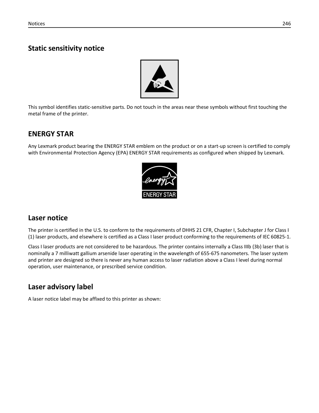 Lexmark 270, 35S5700, 35S3389, MX310DN manual Static sensitivity notice, Laser notice, Laser advisory label, 246 