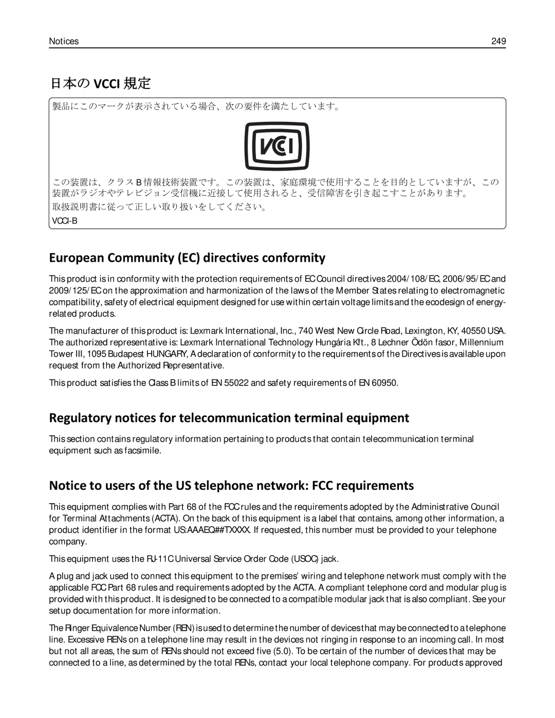 Lexmark 35S3389 European Community EC directives conformity, Regulatory notices for telecommunication terminal equipment 