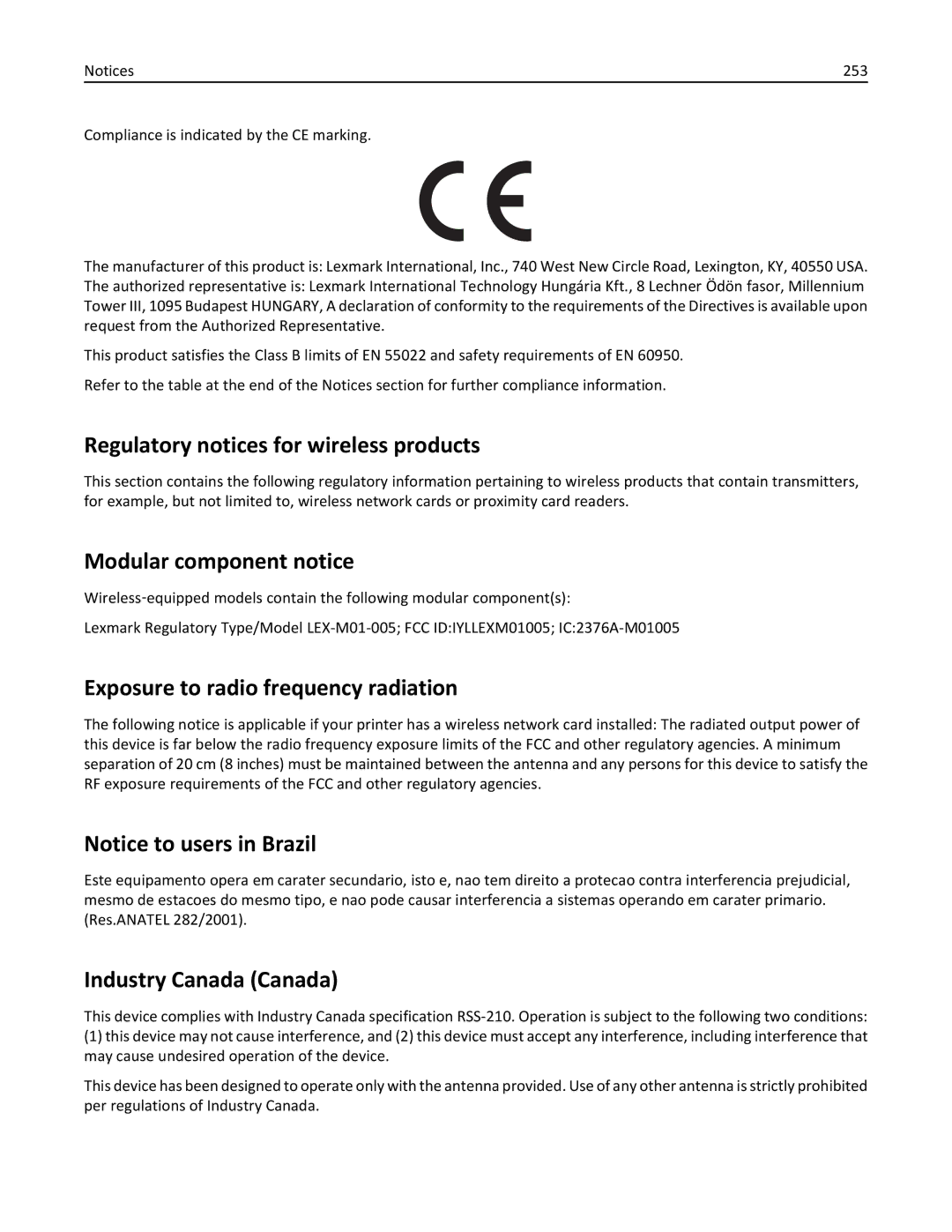 Lexmark 35S3389 Regulatory notices for wireless products, Modular component notice, Exposure to radio frequency radiation 