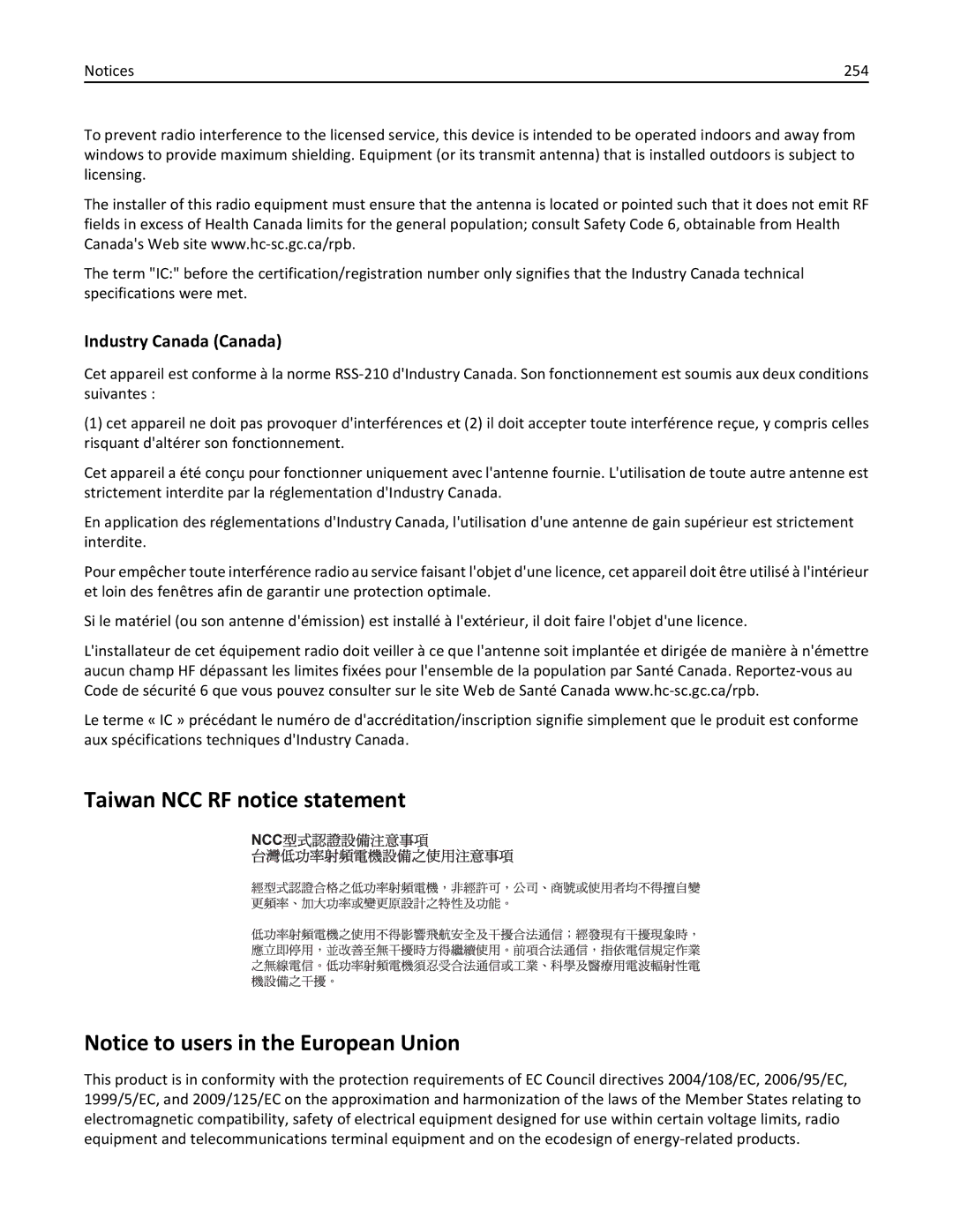 Lexmark 270, 35S5700, 35S3389, MX310DN manual Taiwan NCC RF notice statement, 254 