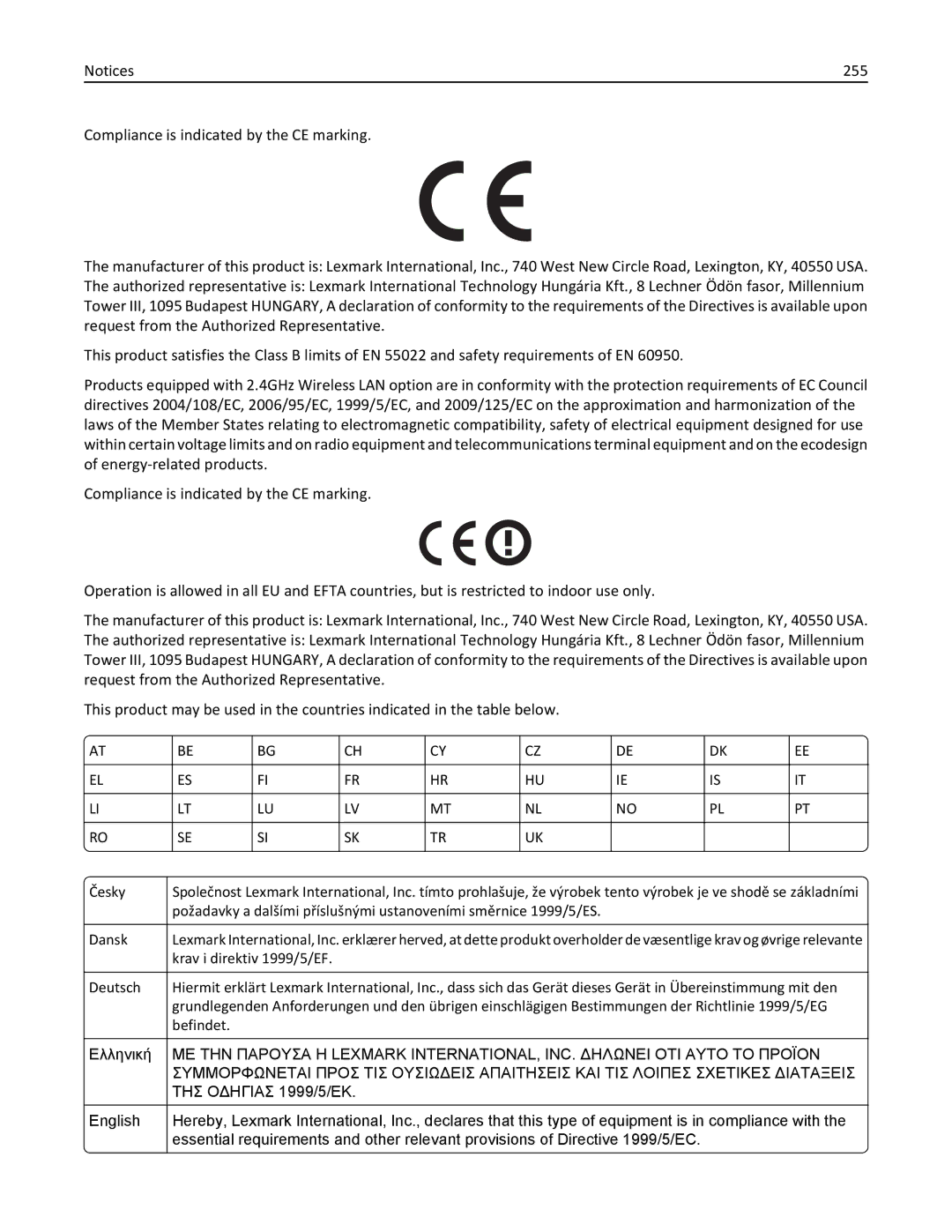 Lexmark MX310DN, 35S5700, 35S3389, 270 manual 255, ΤΗΣ Οδηγιασ 1999/5/ΕΚ 