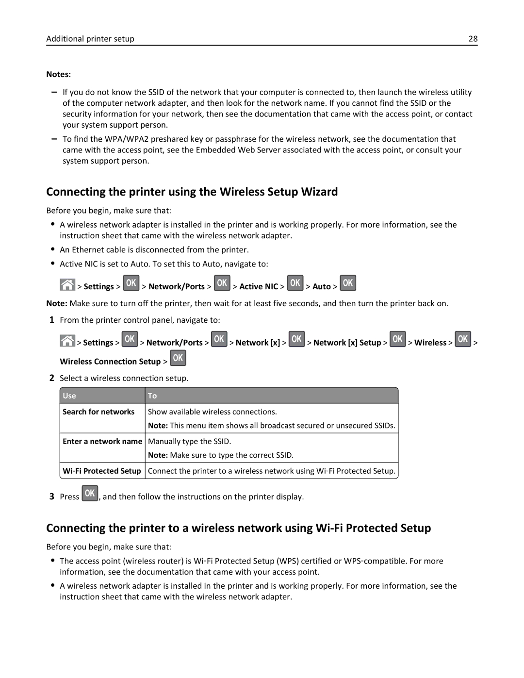 Lexmark 35S5700, 35S3389 Connecting the printer using the Wireless Setup Wizard, Settings Network/Ports Active NIC Auto 