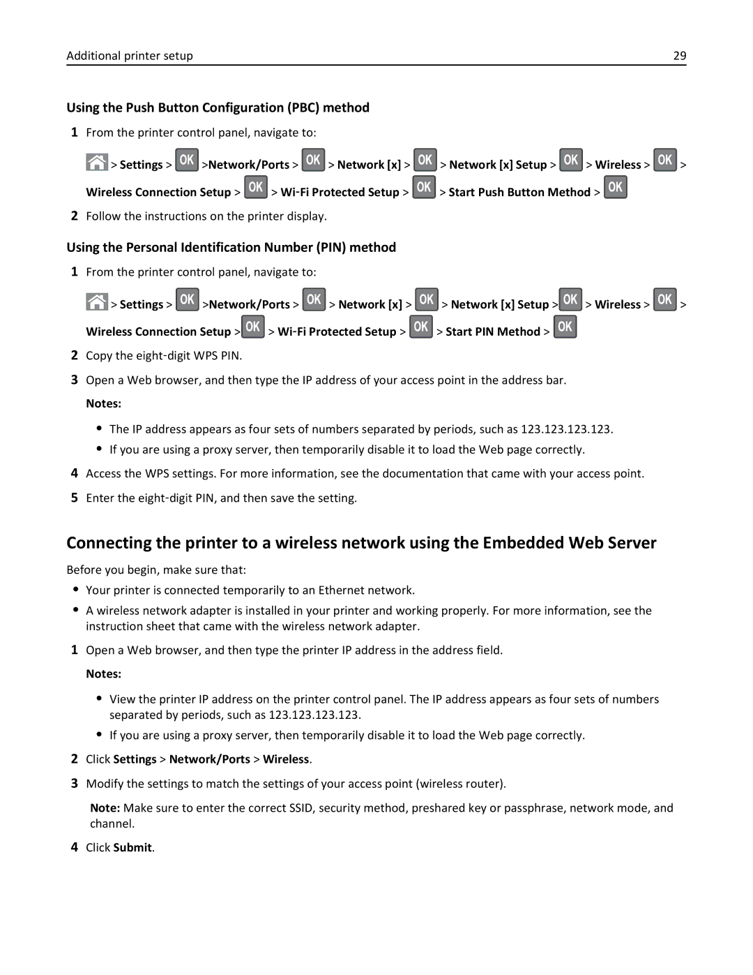 Lexmark 35S3389, 35S5700, 270, MX310DN Follow the instructions on the printer display, Click Settings Network/Ports Wireless 