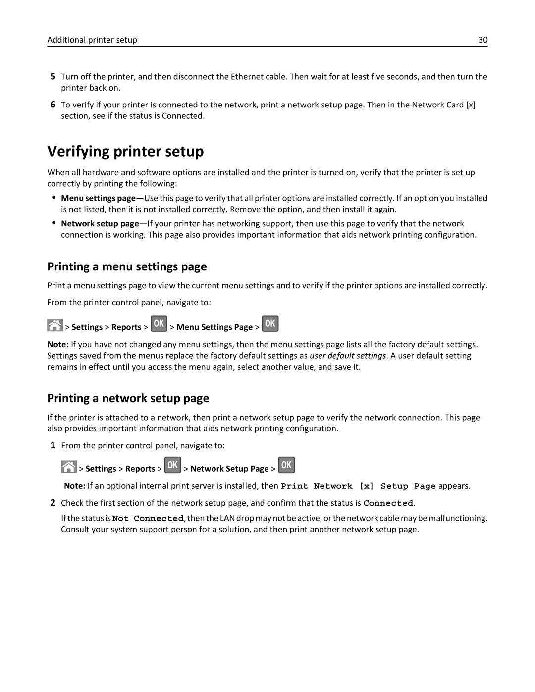 Lexmark 270 Verifying printer setup, Printing a menu settings, Printing a network setup, Settings Reports Menu Settings 