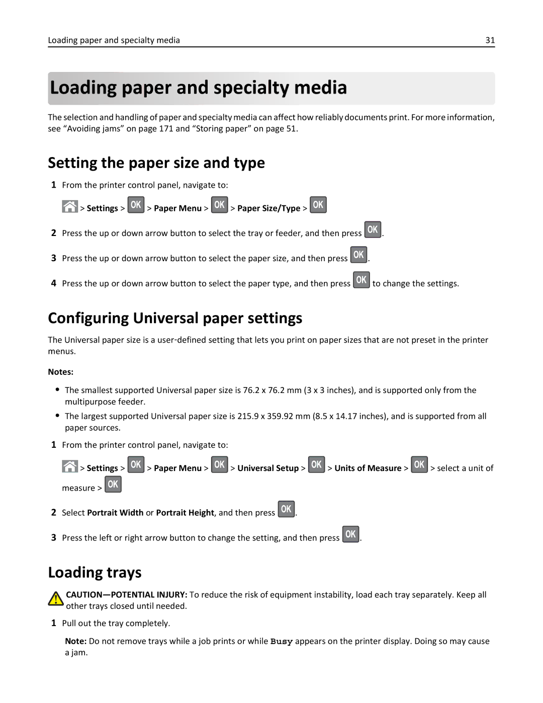 Lexmark MX310DN Loading paper and specialty media, Setting the paper size and type, Configuring Universal paper settings 