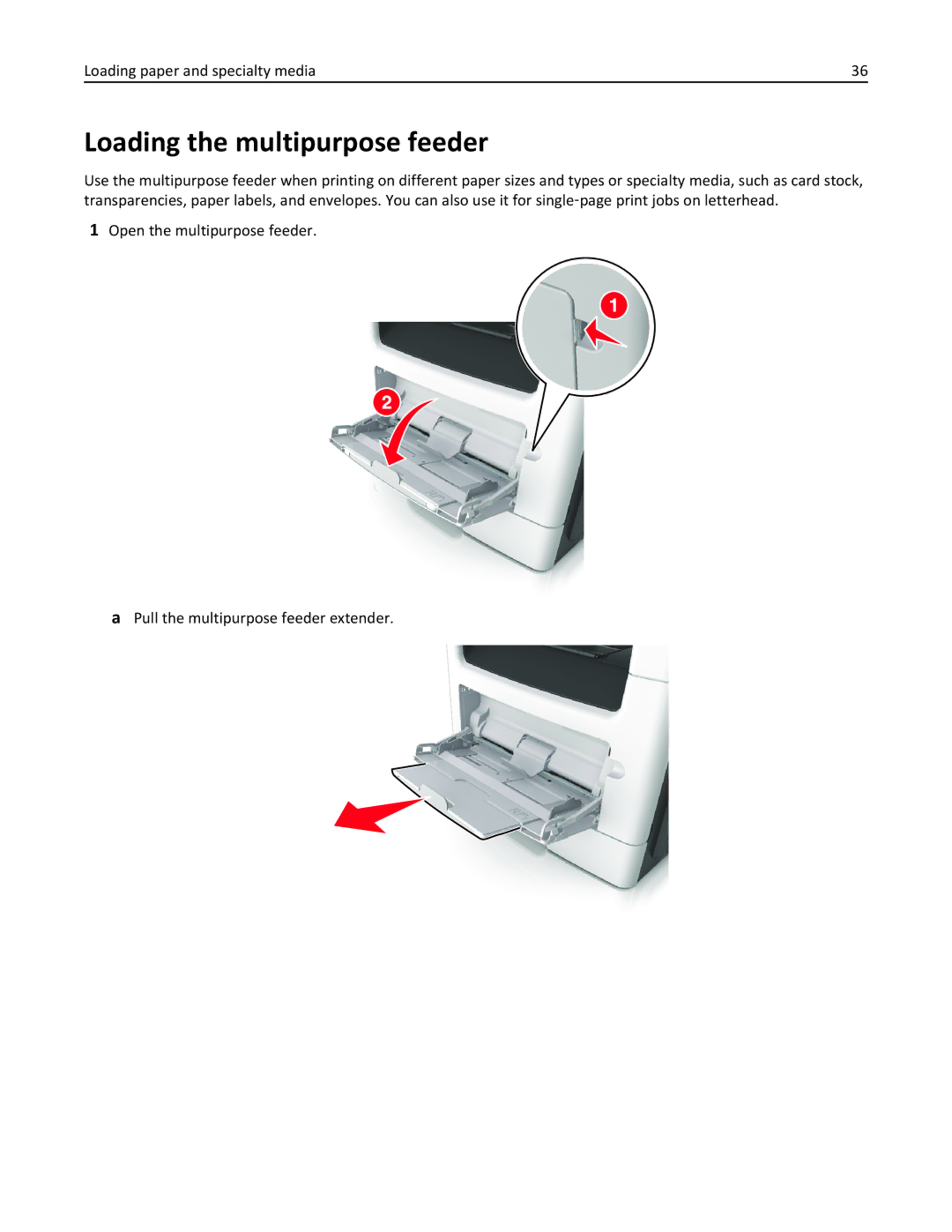 Lexmark 35S5700, 35S3389, 270, MX310DN manual Loading the multipurpose feeder, Loading paper and specialty media 