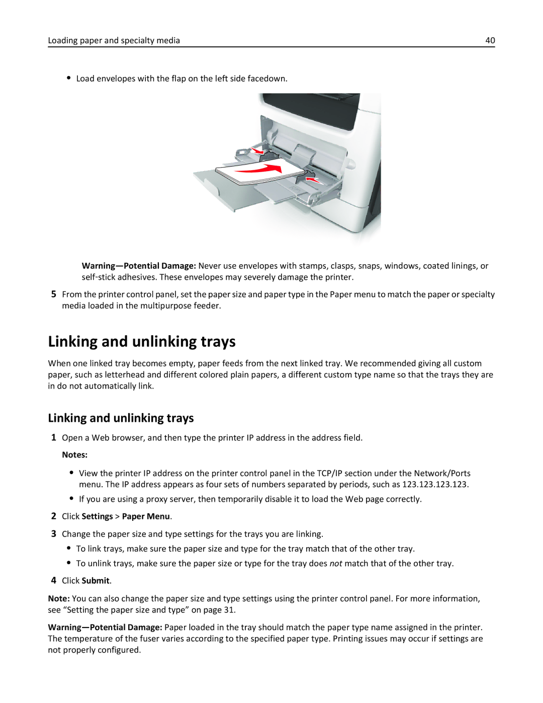 Lexmark 35S5700, 35S3389, 270, MX310DN manual Linking and unlinking trays, Click Settings Paper Menu 