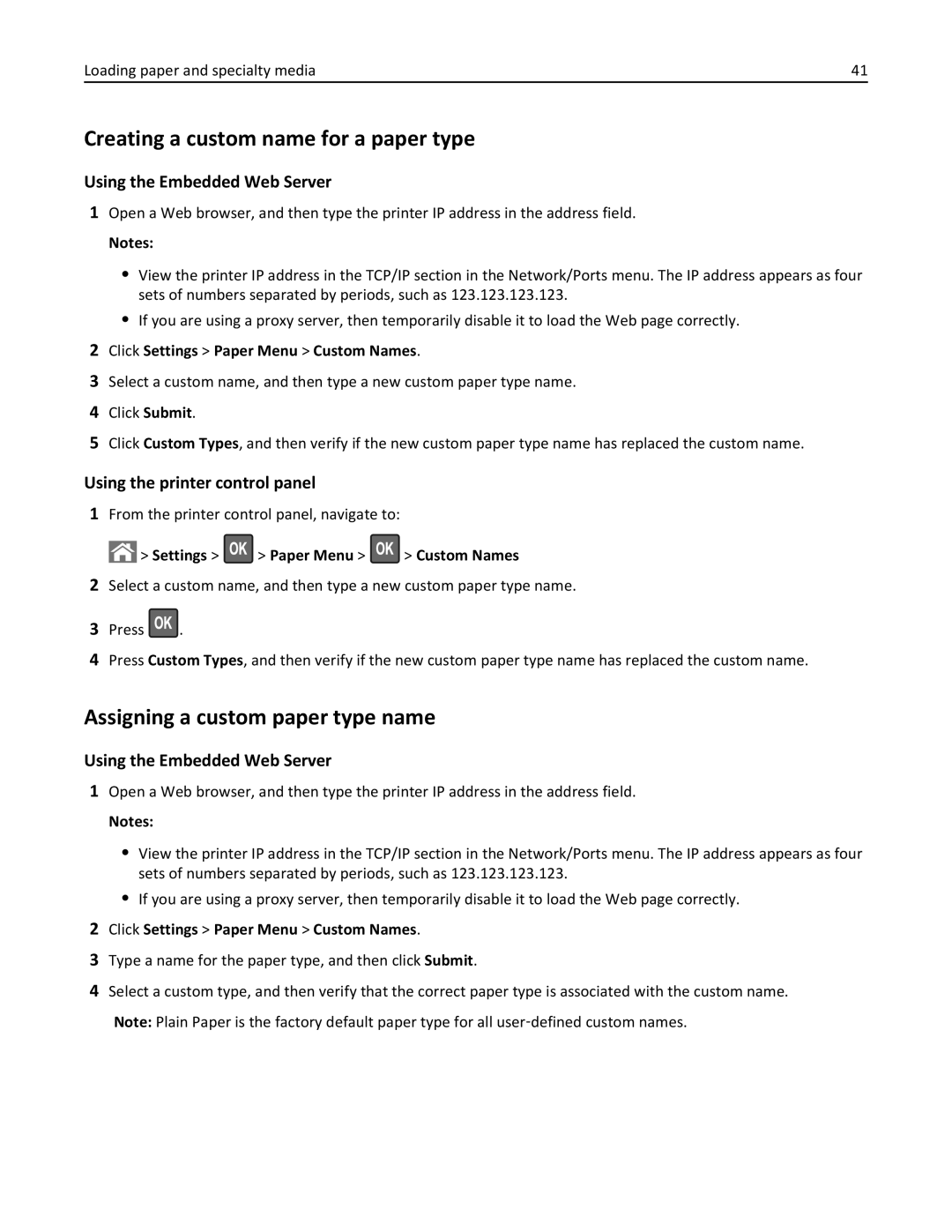 Lexmark 35S3389, 35S5700, 270, MX310DN manual Creating a custom name for a paper type, Assigning a custom paper type name 