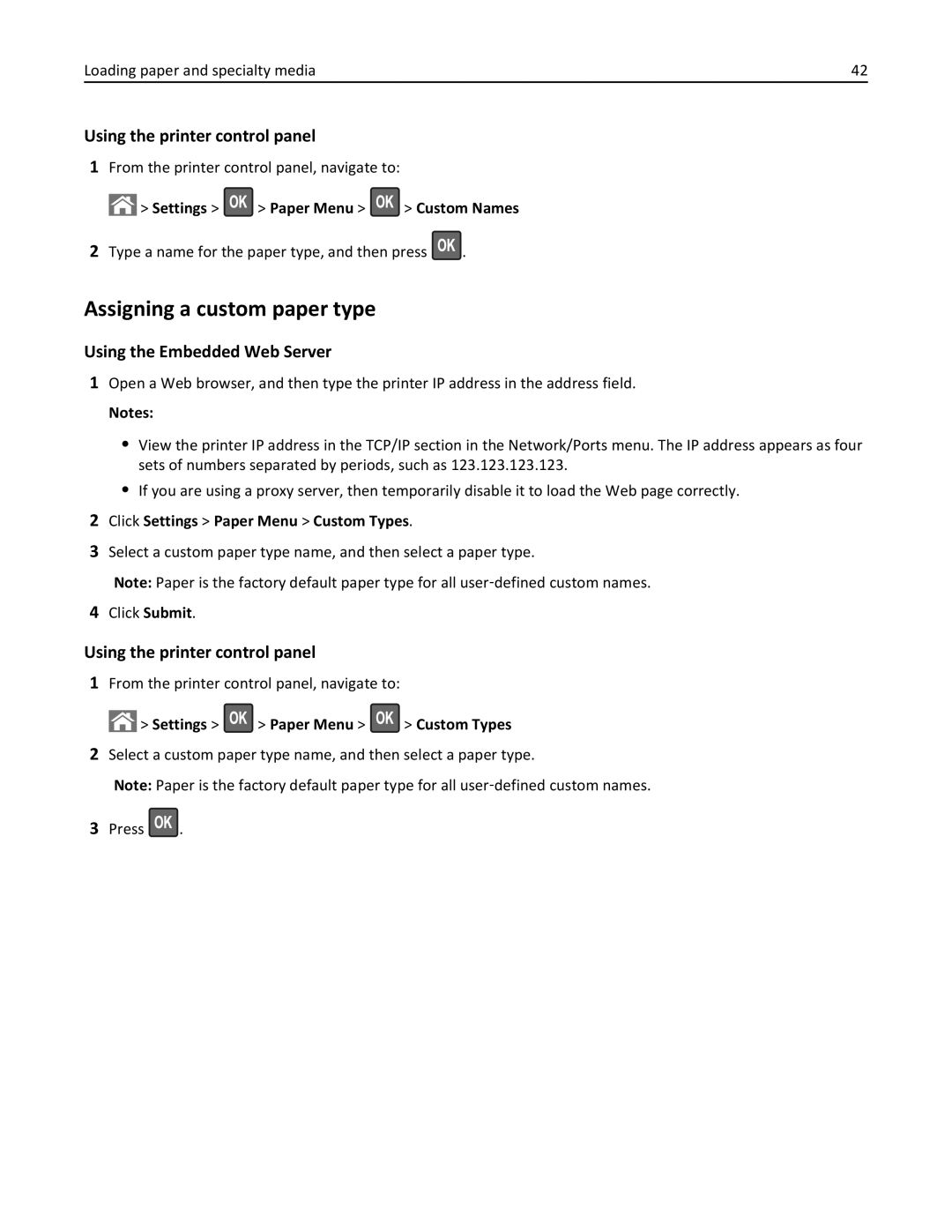 Lexmark 270, 35S5700, 35S3389, MX310DN manual Assigning a custom paper type, Type a name for the paper type, and then press 