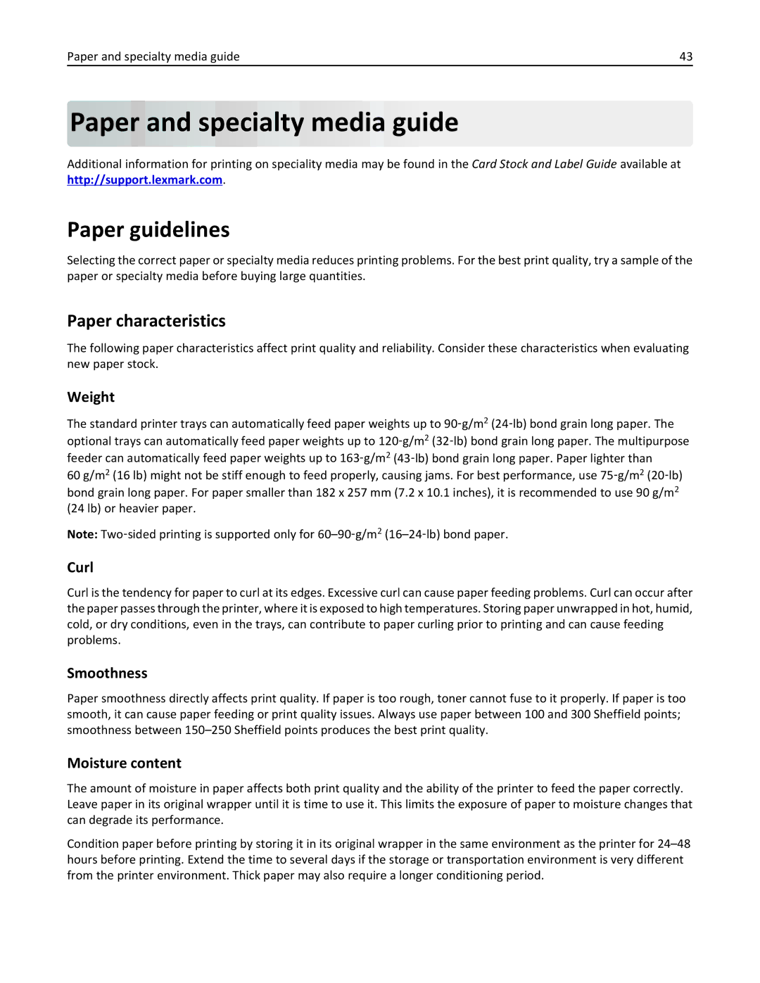 Lexmark MX310DN, 35S5700, 35S3389, 270 manual Paper and specialty media guide, Paper guidelines, Paper characteristics 