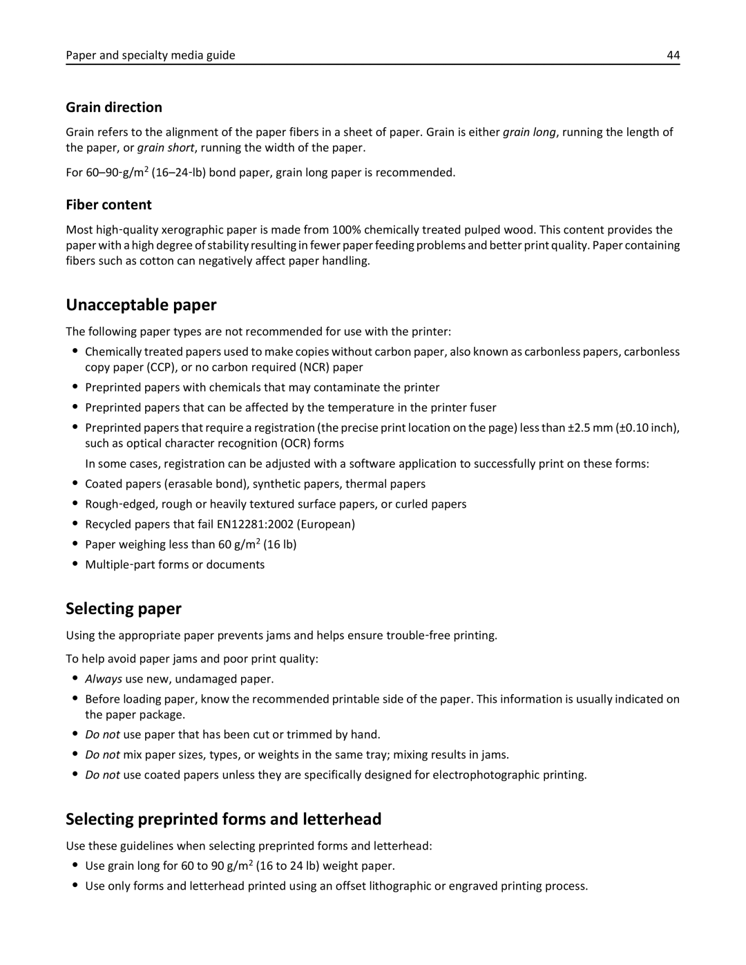 Lexmark 35S5700, 35S3389 Unacceptable paper, Selecting paper, Selecting preprinted forms and letterhead, Grain direction 