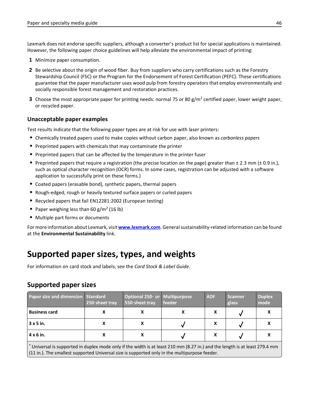 Lexmark 270, 35S5700, 35S3389, MX310DN Supported paper sizes, types, and weights, Unacceptable paper examples, Business card 