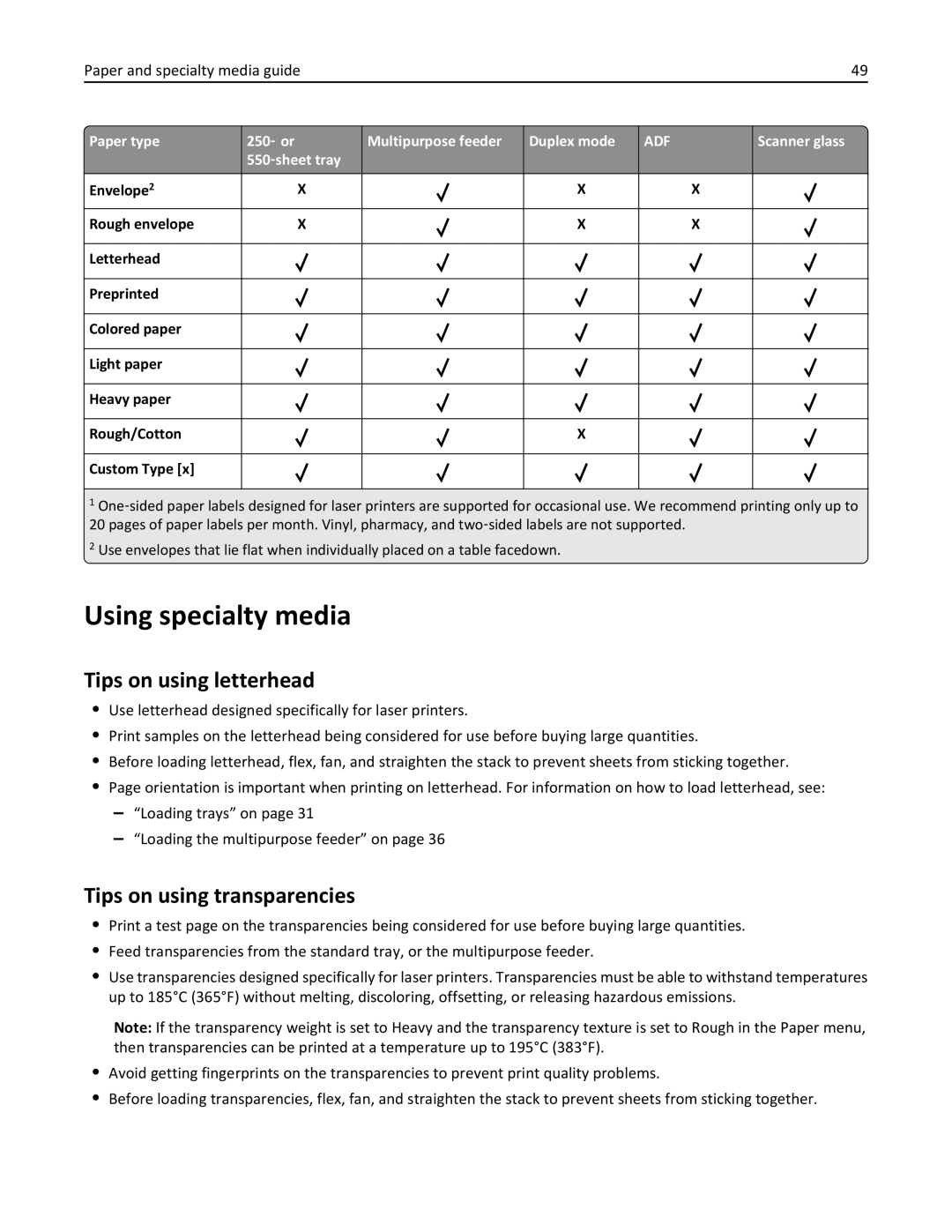 Lexmark 35S3389, 35S5700, 270, MX310DN manual Using specialty media, Tips on using letterhead, Tips on using transparencies 