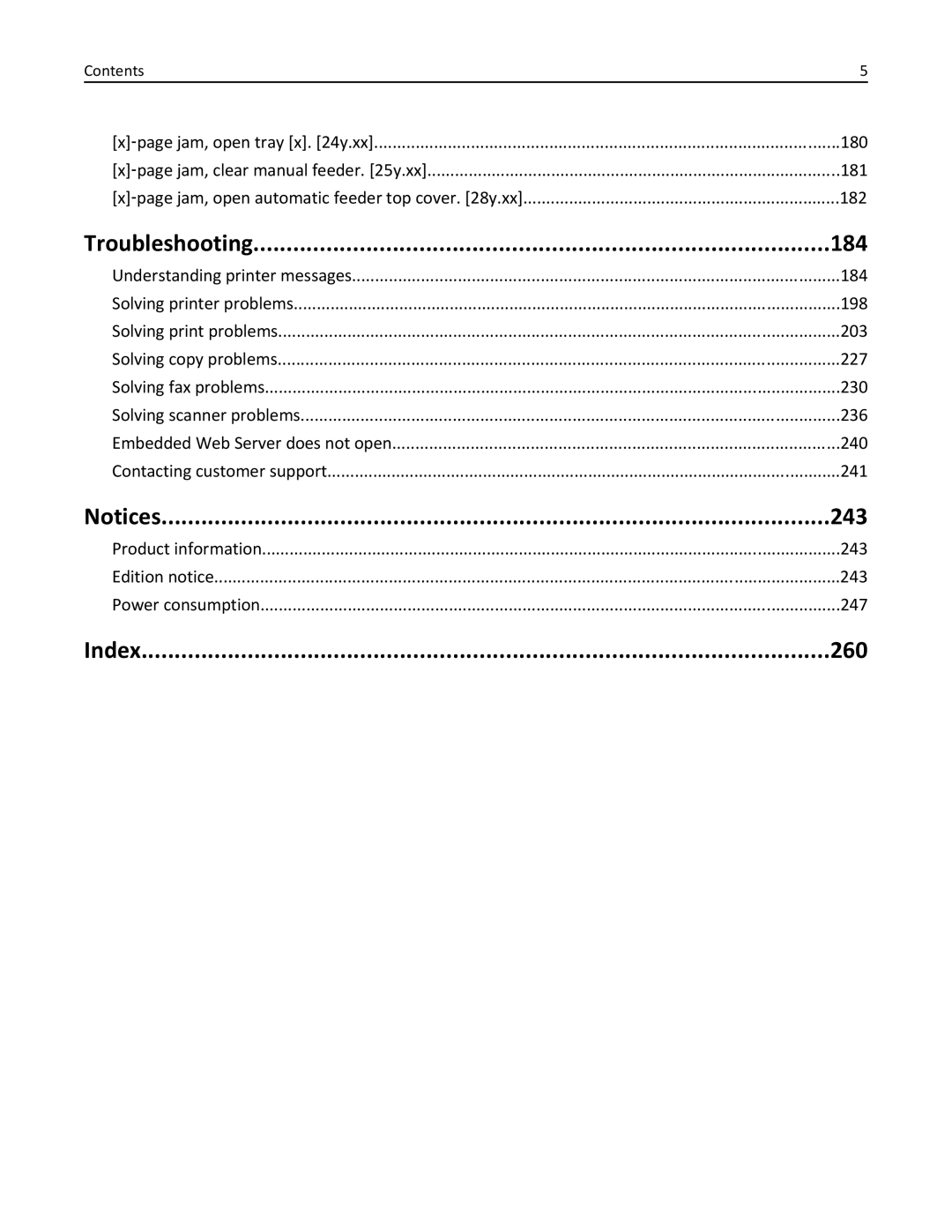 Lexmark 35S3389, 35S5700, 270, MX310DN manual Troubleshooting 184, 243, Index 260 