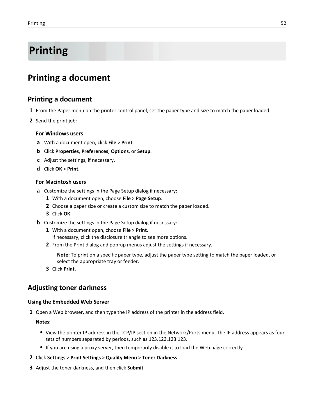 Lexmark 35S5700, 35S3389, 270, MX310DN manual Printing a document, Adjusting toner darkness 