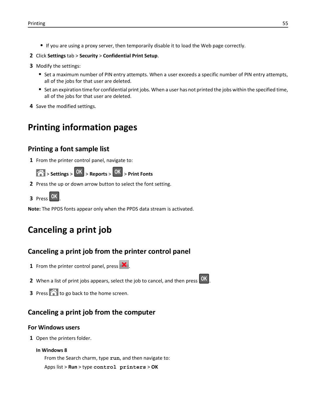 Lexmark MX310DN, 35S5700, 35S3389, 270 manual Printing information pages, Canceling a print job, Printing a font sample list 