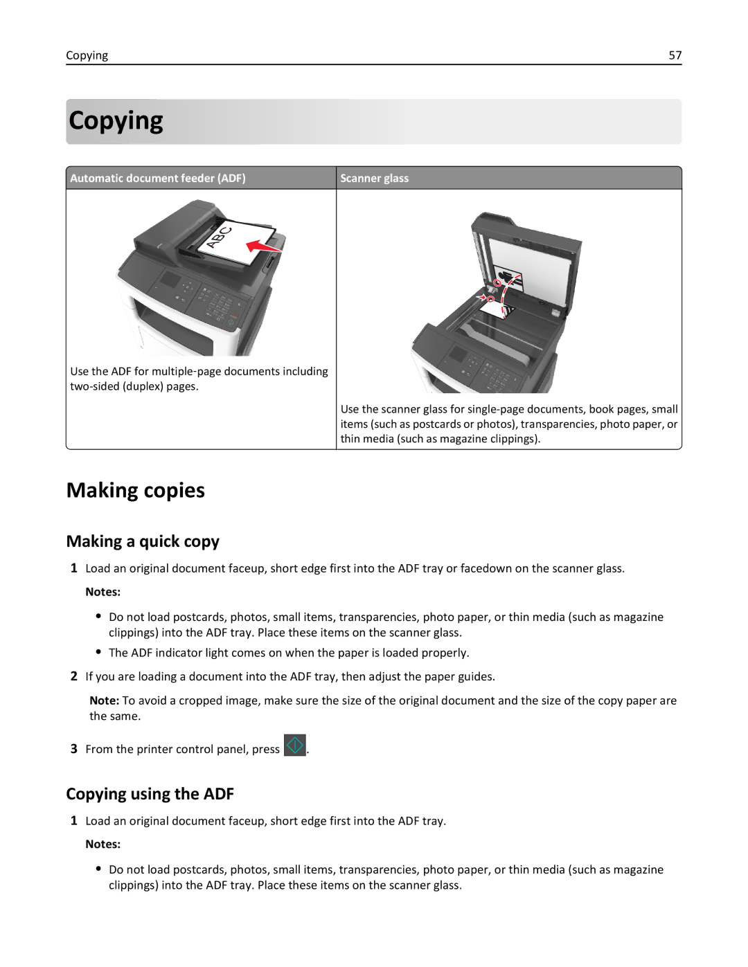 Lexmark 35S3389, 35S5700, 270, MX310DN manual Making copies, Making a quick copy, Copying using the ADF 