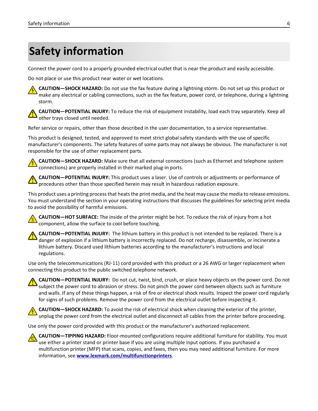 Lexmark 270, 35S5700, 35S3389, MX310DN manual Safety information 