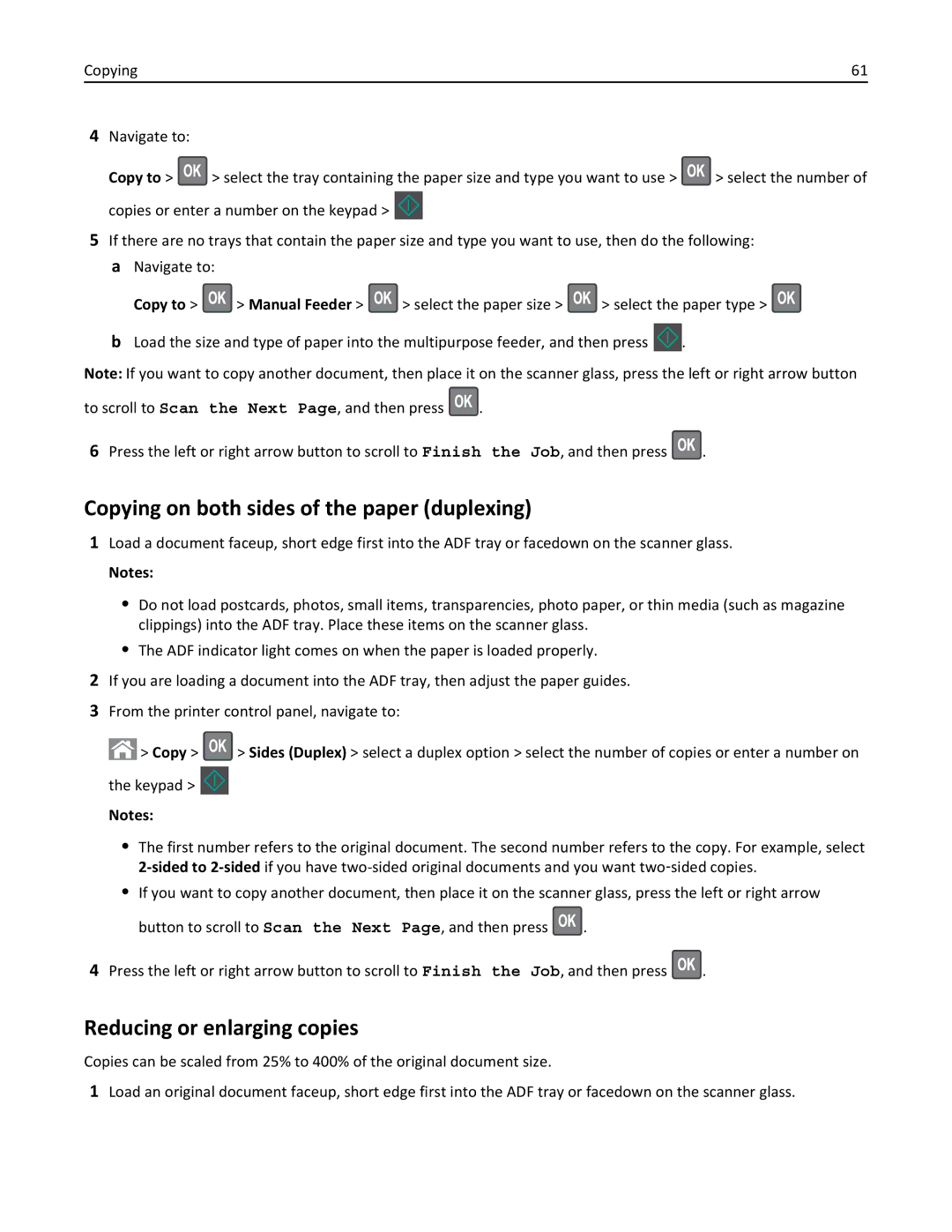 Lexmark 35S3389, 35S5700, 270, MX310DN manual Copying on both sides of the paper duplexing, Reducing or enlarging copies 