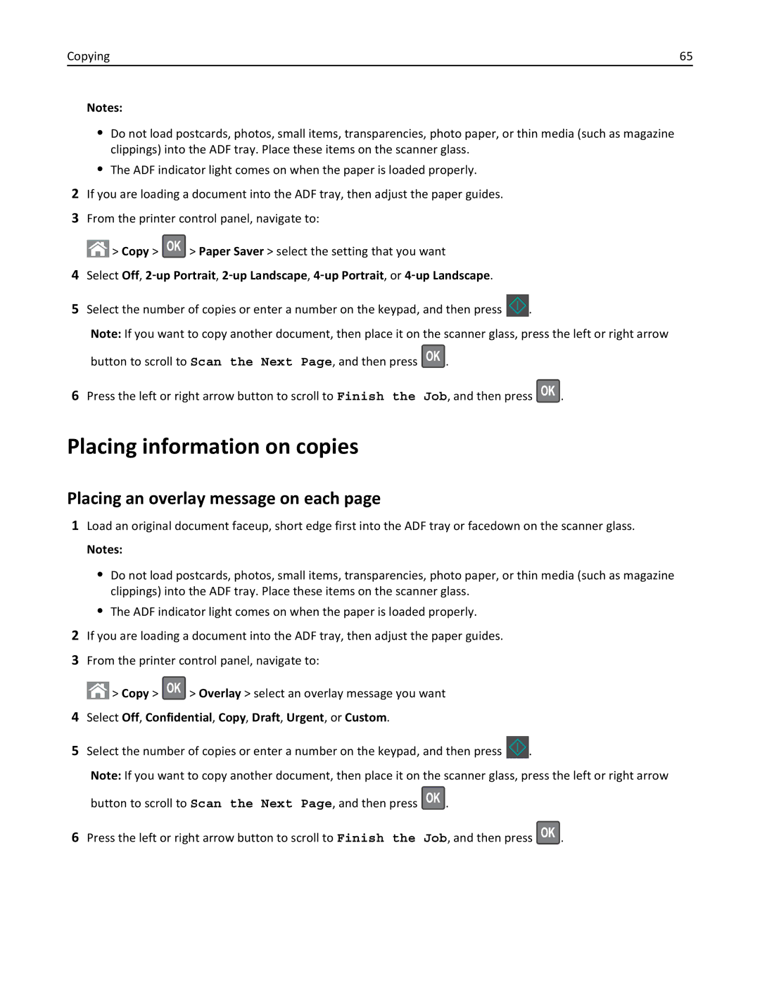 Lexmark 35S3389, 35S5700, 270, MX310DN manual Placing information on copies, Placing an overlay message on each 