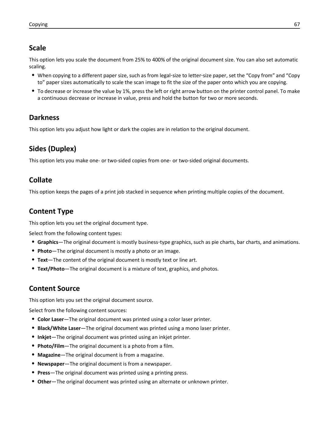 Lexmark MX310DN, 35S5700, 35S3389, 270 manual Scale, Darkness, Sides Duplex, Collate, Content Type, Content Source 