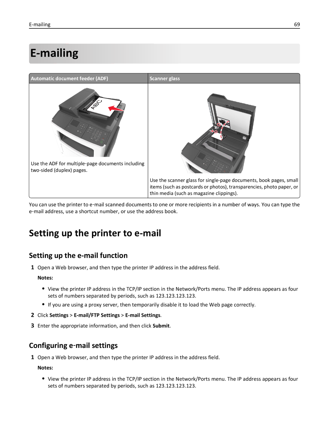 Lexmark 35S3389 Mailing, Setting up the printer to e-mail, Setting up the e-mail function, Configuring e‑mail settings 