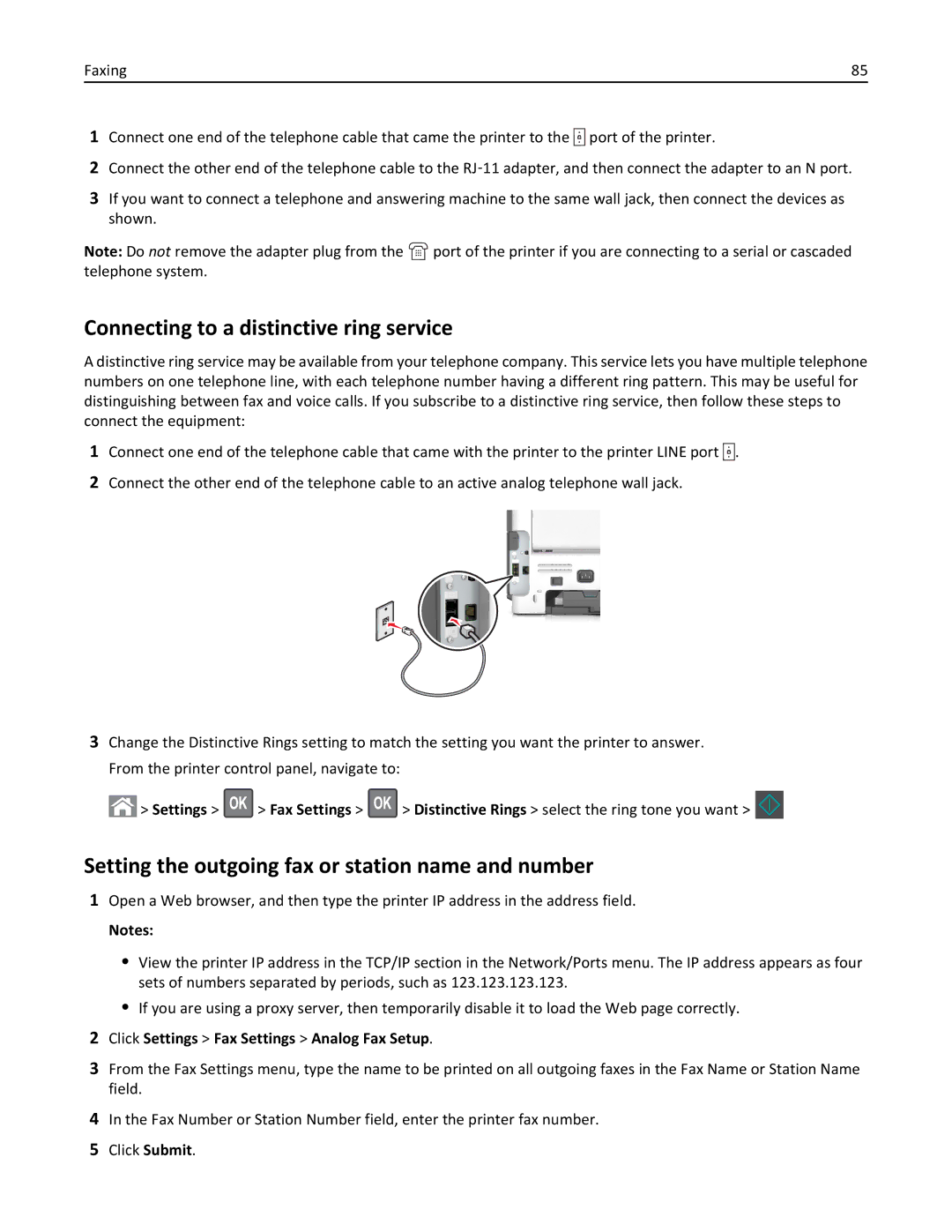 Lexmark 35S3389, 35S5700, 270 Connecting to a distinctive ring service, Setting the outgoing fax or station name and number 