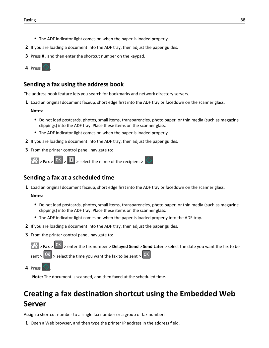 Lexmark 35S5700, 35S3389, 270, MX310DN manual Sending a fax using the address book, Sending a fax at a scheduled time 