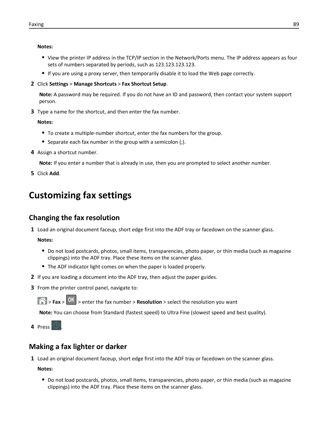 Lexmark 35S3389, 35S5700, 270, MX310DN Customizing fax settings, Changing the fax resolution, Making a fax lighter or darker 