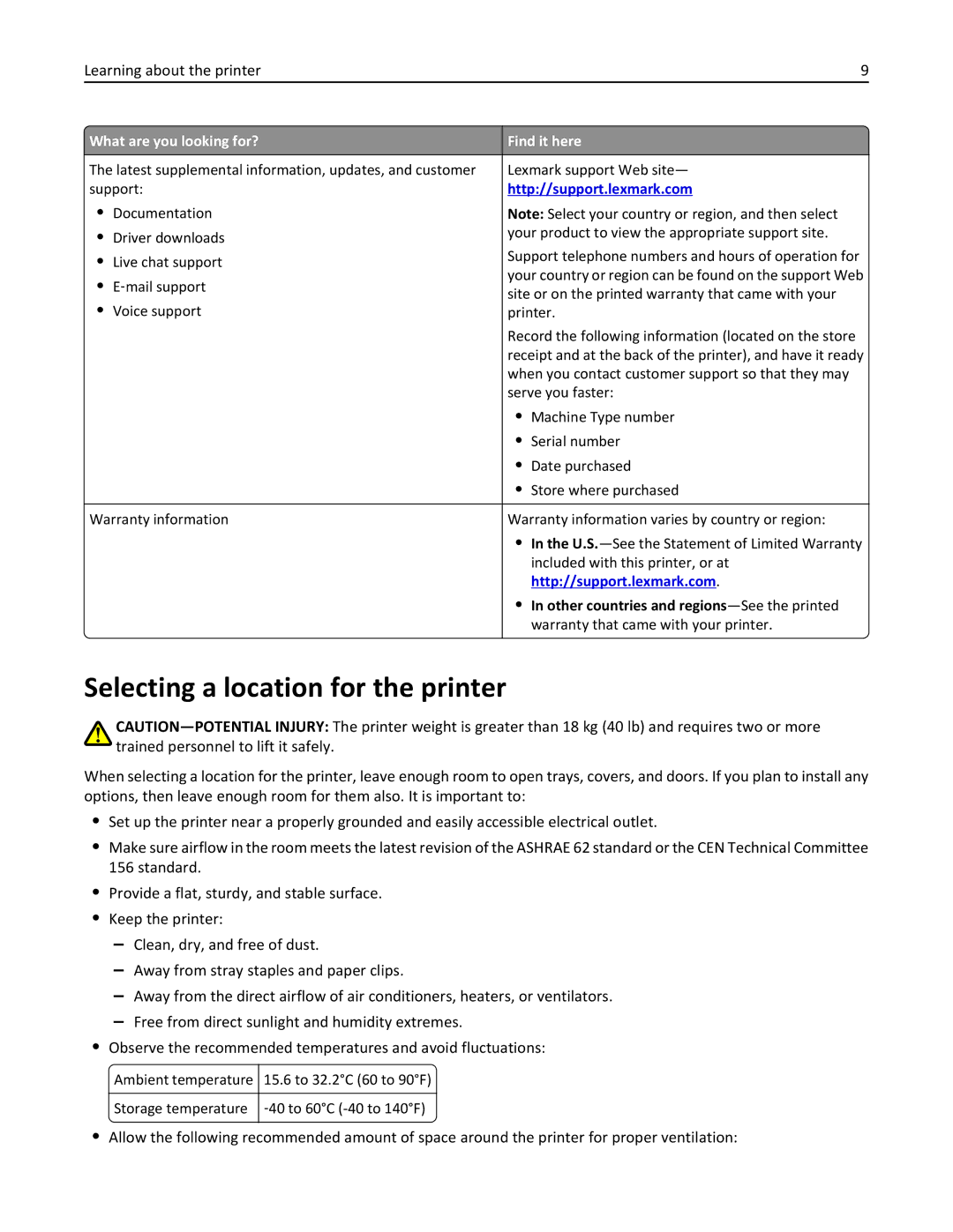 Lexmark 35S3389, 35S5700, 270, MX310DN Selecting a location for the printer, Other countries and regions-See the printed 