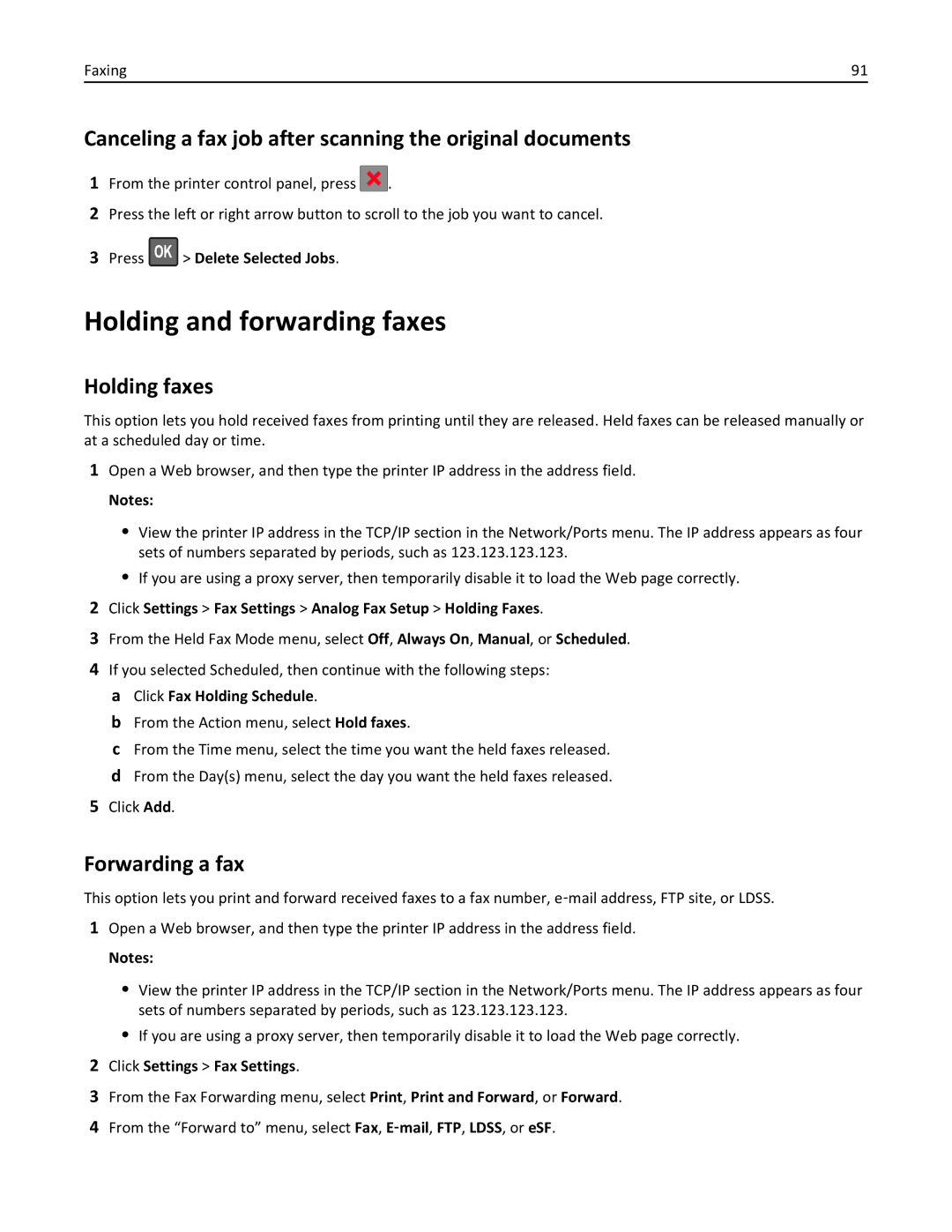Lexmark MX310DN Holding and forwarding faxes, Canceling a fax job after scanning the original documents, Holding faxes 