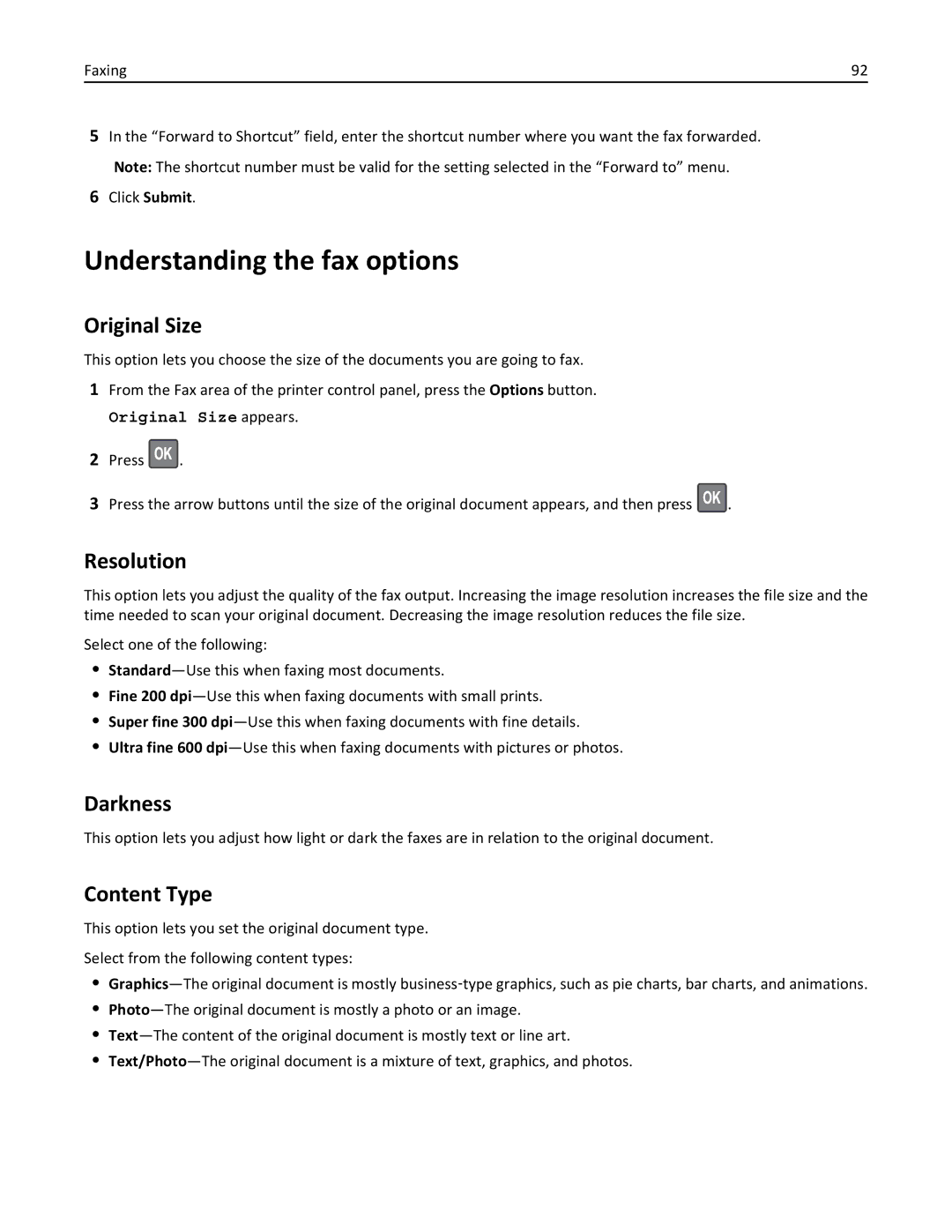 Lexmark 35S5700, 35S3389, 270, MX310DN manual Understanding the fax options, Original Size, Resolution 