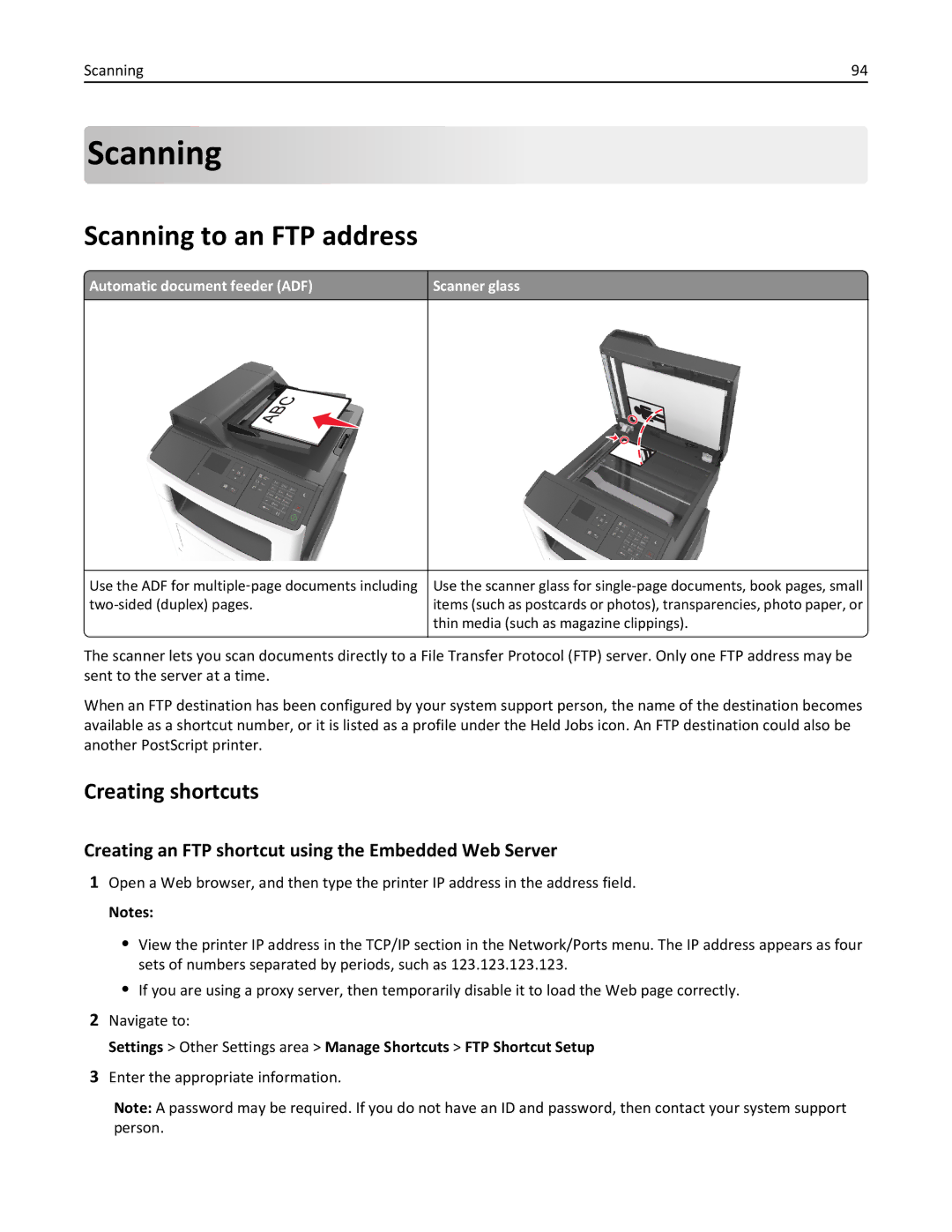 Lexmark 270 Scanning to an FTP address, Creating shortcuts, Creating an FTP shortcut using the Embedded Web Server 