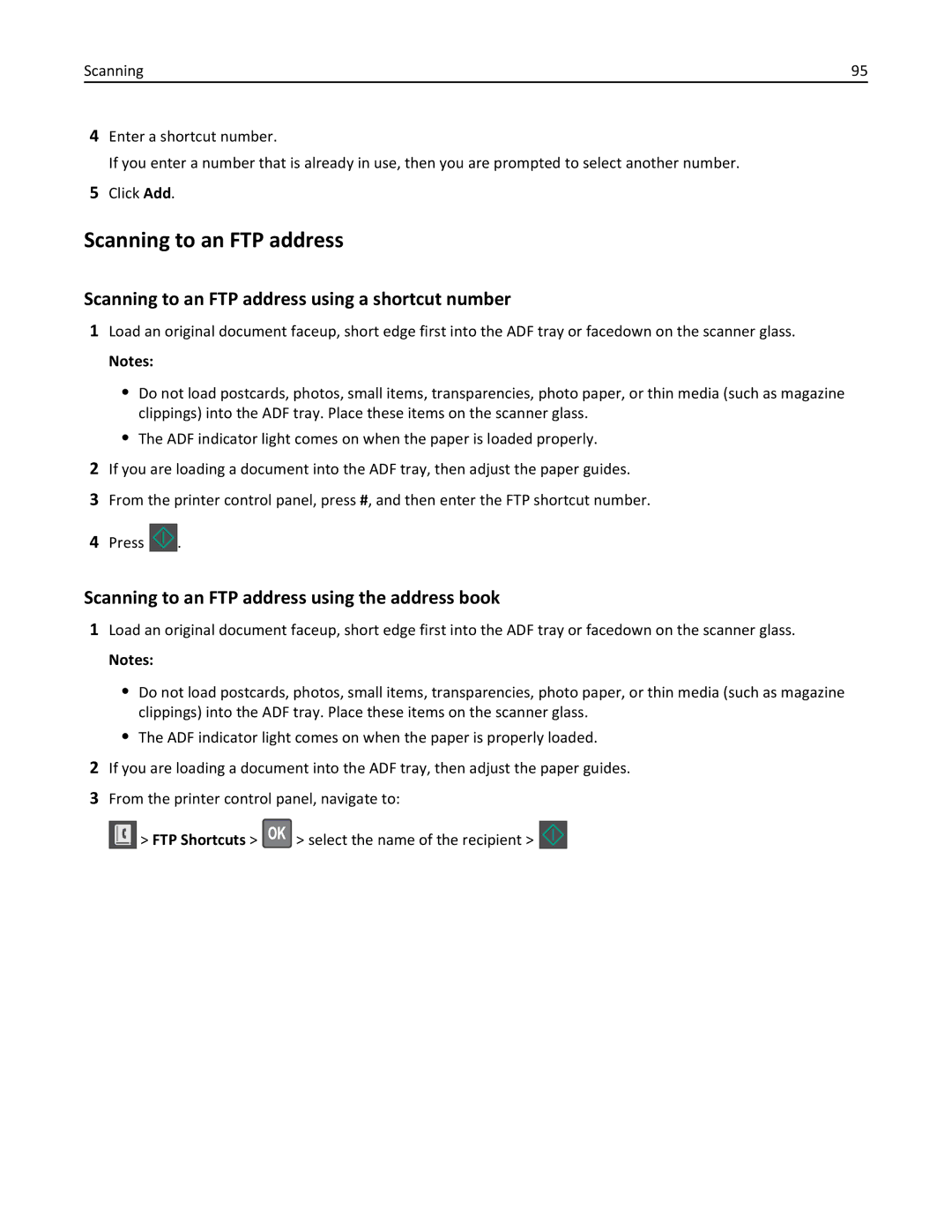 Lexmark MX310DN Scanning to an FTP address using a shortcut number, Scanning to an FTP address using the address book 