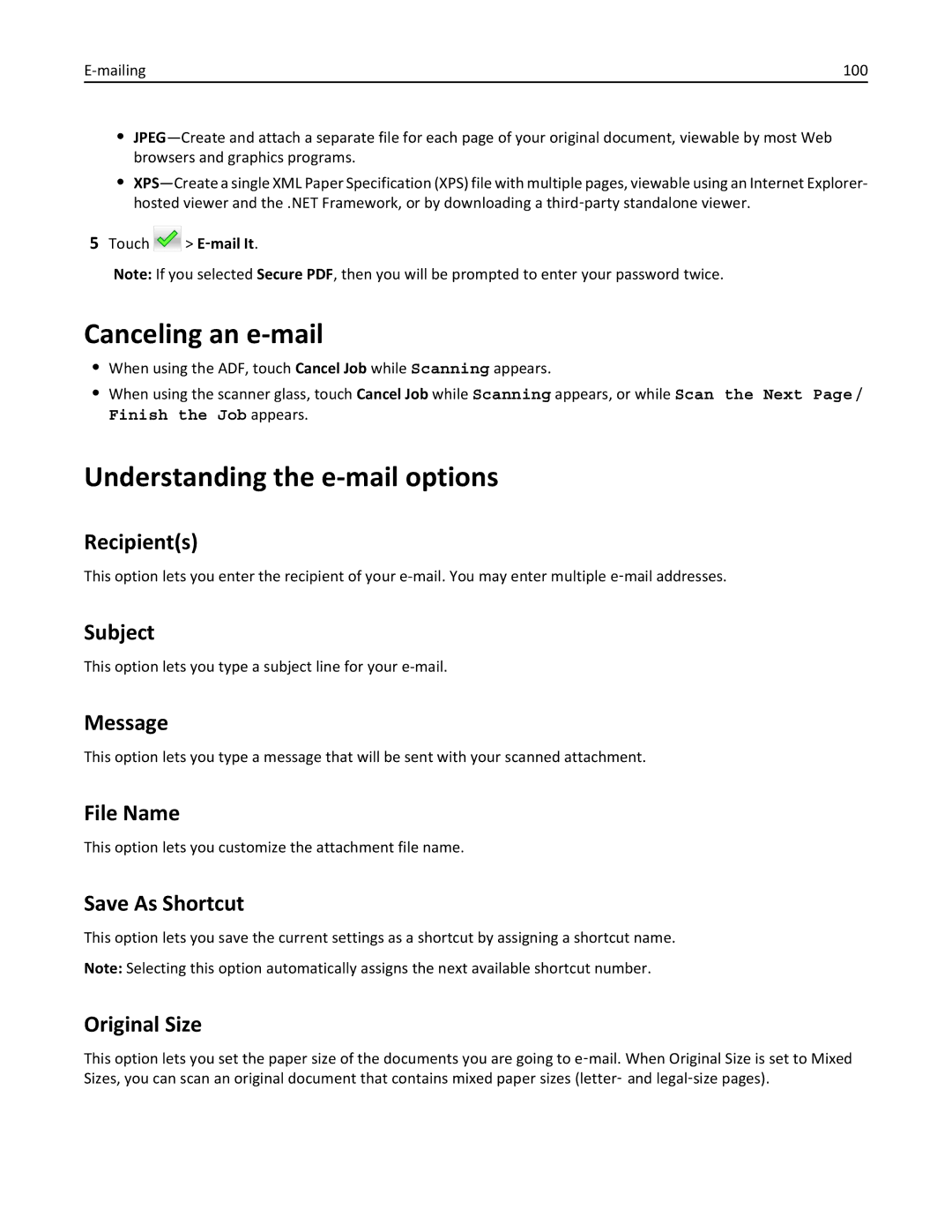 Lexmark 35S5703, 35S5704, MX511DHE, MX511DE manual Canceling an e-mail, Understanding the e-mail options 