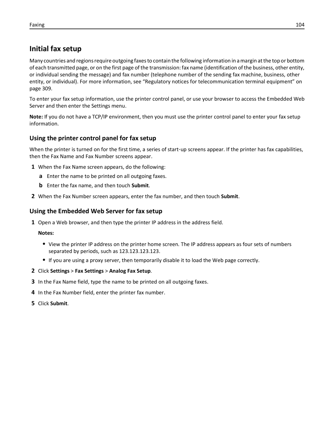 Lexmark 35S5703, 35S5704, MX511DHE, MX511DE Initial fax setup, Using the printer control panel for fax setup, Faxing 104 