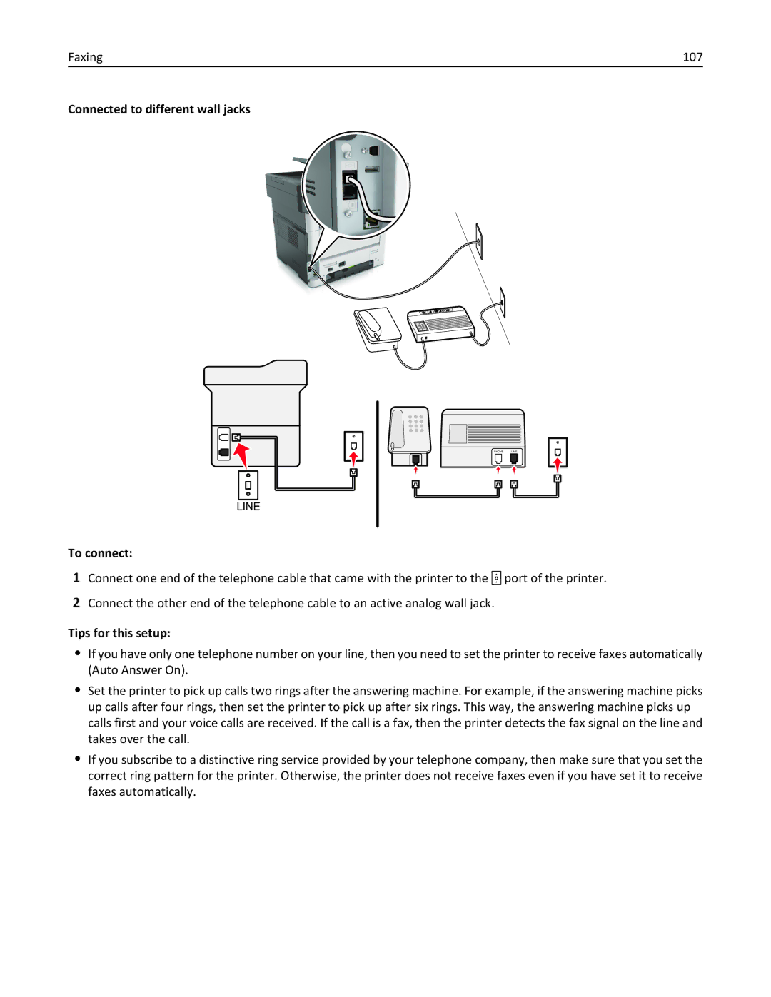 Lexmark MX511DE, 35S5703, 35S5704, MX511DHE manual Faxing 107, Connected to different wall jacks 