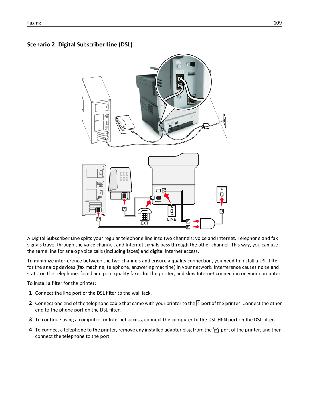 Lexmark 35S5704, 35S5703, MX511DHE, MX511DE manual Scenario 2 Digital Subscriber Line DSL, Faxing 109 