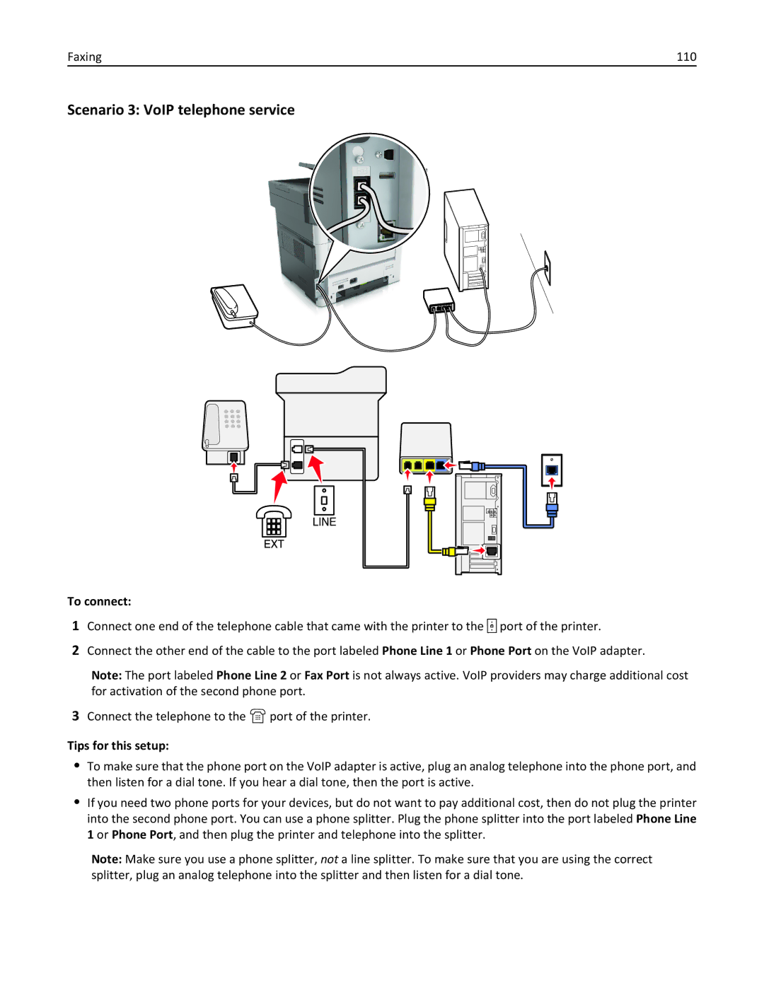 Lexmark MX511DHE, 35S5703, 35S5704, MX511DE manual Scenario 3 VoIP telephone service, Faxing 110 