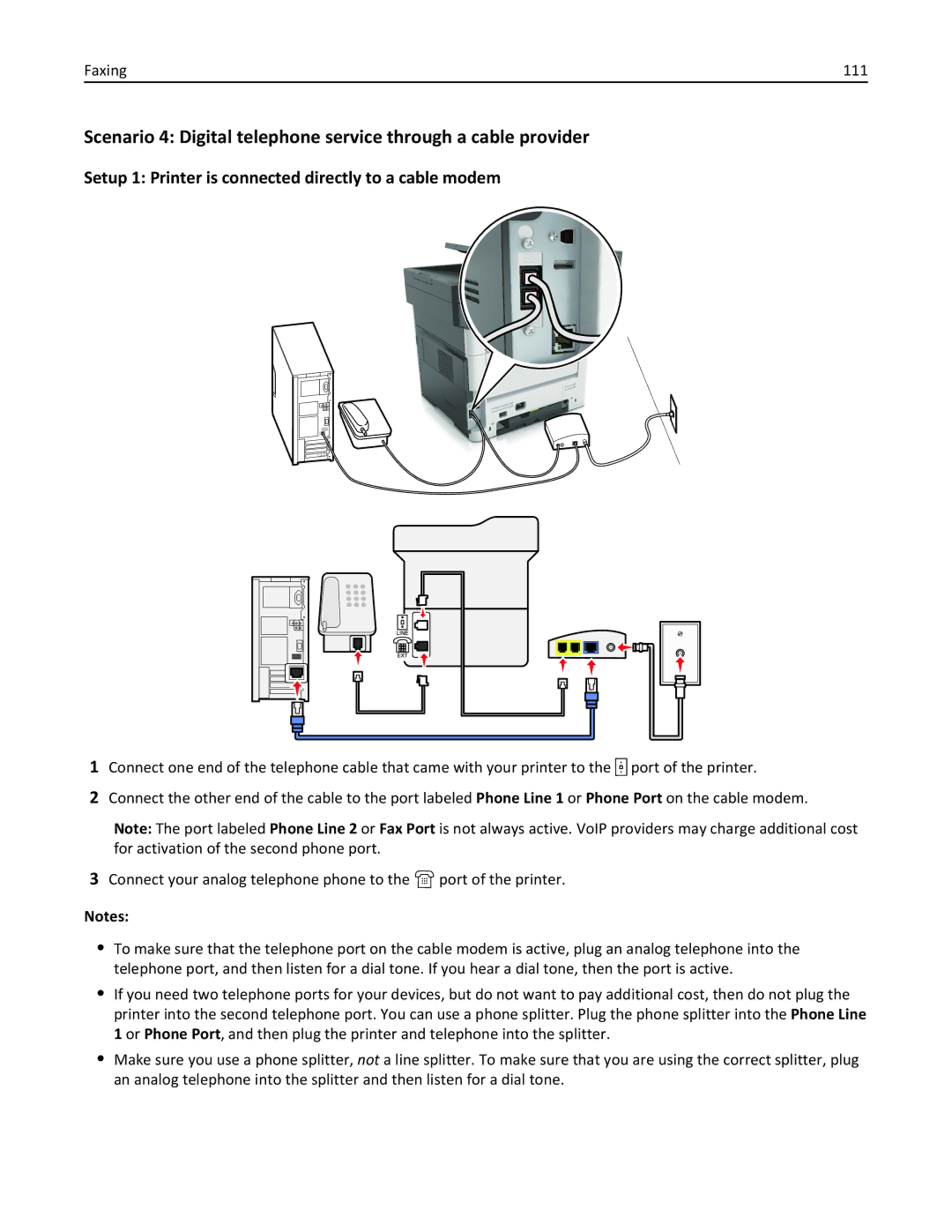 Lexmark MX511DE, 35S5703, 35S5704, MX511DHE manual Setup 1 Printer is connected directly to a cable modem, Faxing 111 