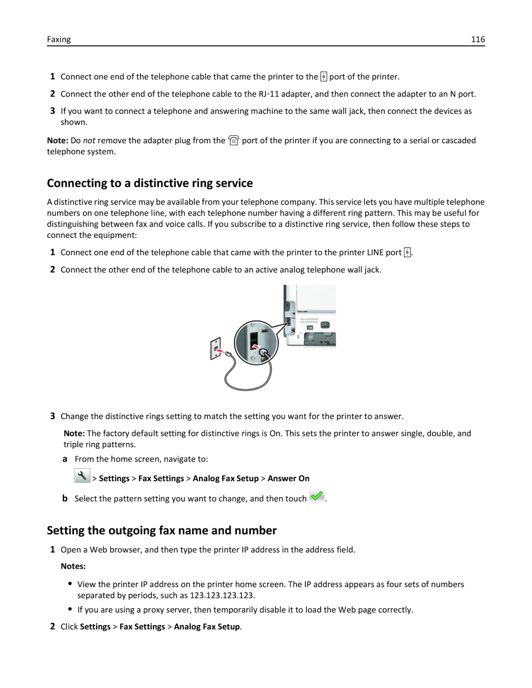 Lexmark 35S5703, 35S5704, MX511DHE manual Connecting to a distinctive ring service, Setting the outgoing fax name and number 