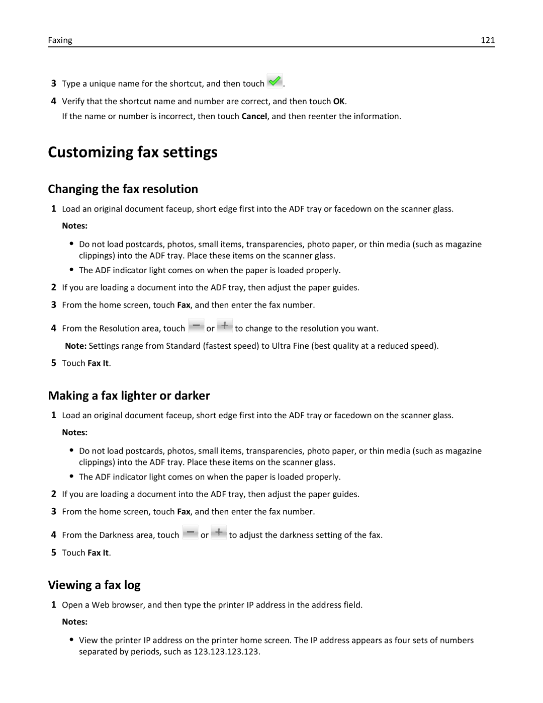 Lexmark 35S5704 Customizing fax settings, Changing the fax resolution, Making a fax lighter or darker, Viewing a fax log 