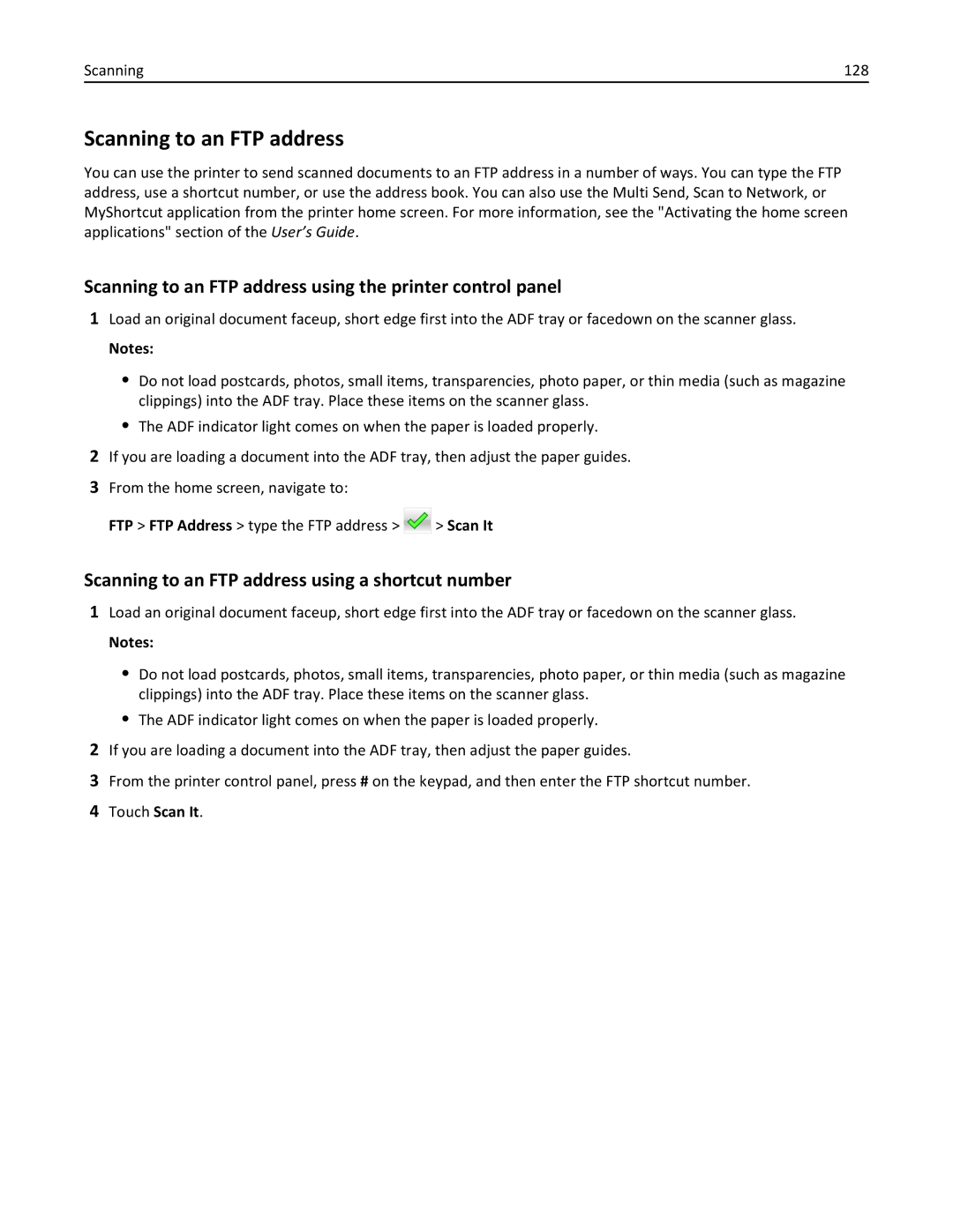 Lexmark 35S5703, 35S5704, MX511DHE, MX511DE Scanning to an FTP address using the printer control panel, Scanning 128 