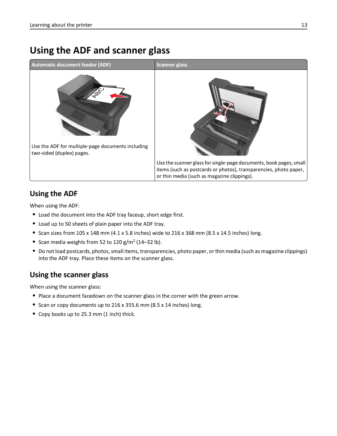 Lexmark 35S5704 Using the ADF and scanner glass, Using the scanner glass, Automatic document feeder ADF Scanner glass 