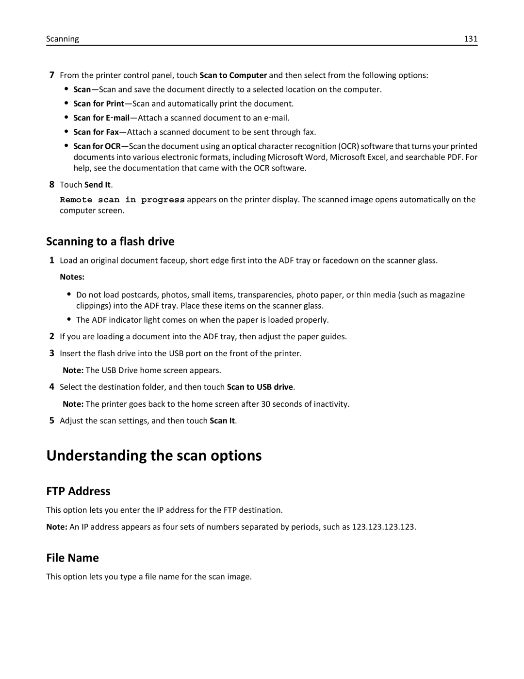 Lexmark MX511DE, 35S5703, 35S5704, MX511DHE manual Understanding the scan options, Scanning to a flash drive, FTP Address 