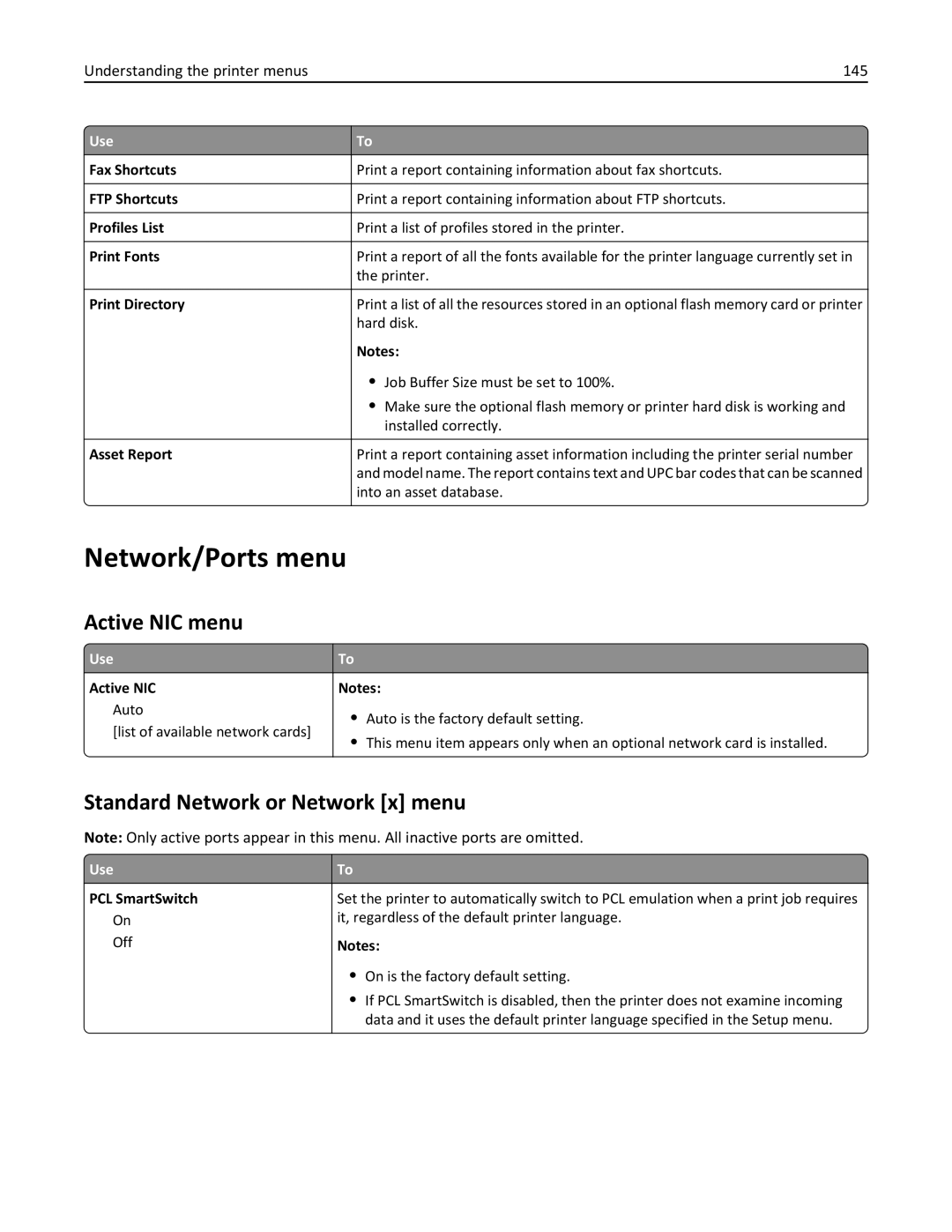 Lexmark 35S5704, 35S5703, MX511DHE, MX511DE manual Network/Ports menu, Active NIC menu, Standard Network or Network x menu 